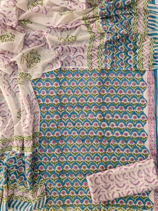 HAND BLOCK PRINTED COTTON 3-PIS SUIT WITH MULMUL DUPPATA (CMS160)