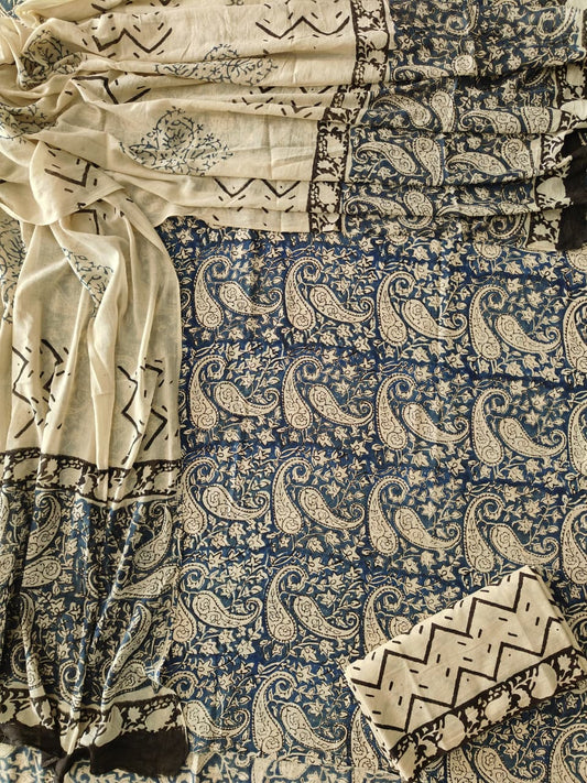 HAND BLOCK PRINTED COTTON 3-PIS SUIT WITH MULMUL DUPPATA (CMS162)