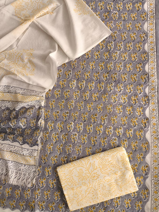 HAND BLOCK PRINTED COTTON 3-PIS SUIT WITH MULMUL DUPPATA (CMS161)