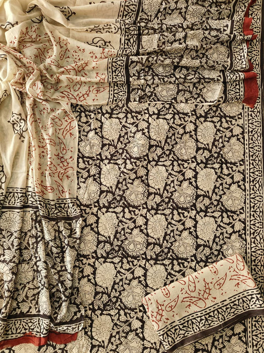 HAND BLOCK PRINTED COTTON 3-PIS SUIT WITH MULMUL DUPPATA (CMS165)