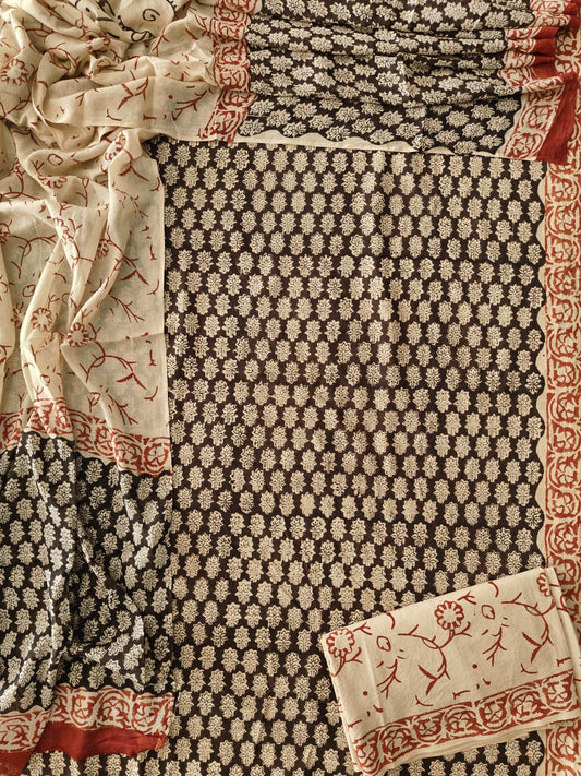 HAND BLOCK PRINTED COTTON 3-PIS SUIT WITH MULMUL DUPPATA (CMS170)