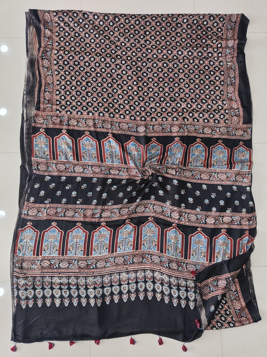 HAND BLOCK PRINTED AJRAKH MODAL SILK SAREE (CIG167)