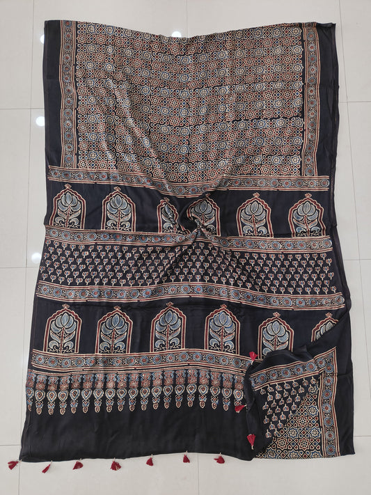 HAND BLOCK PRINTED AJRAKH MODAL SILK SAREE (CIG165)