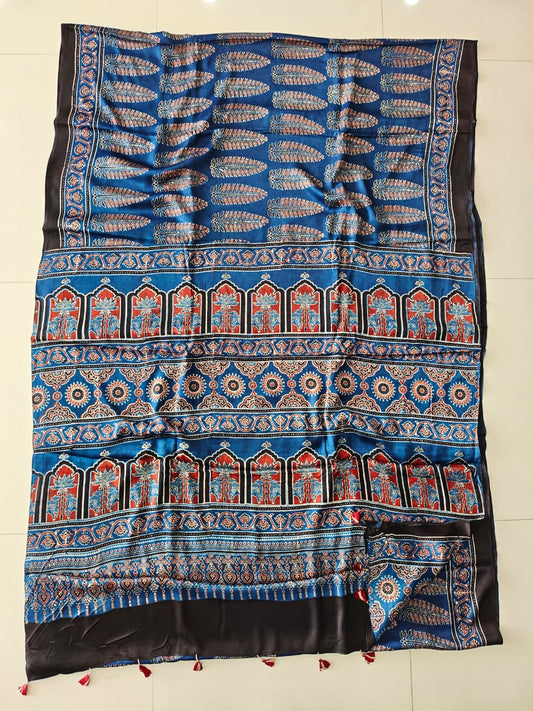 HAND BLOCK PRINTED AJRAKH MODAL SILK SAREE (CIG172)
