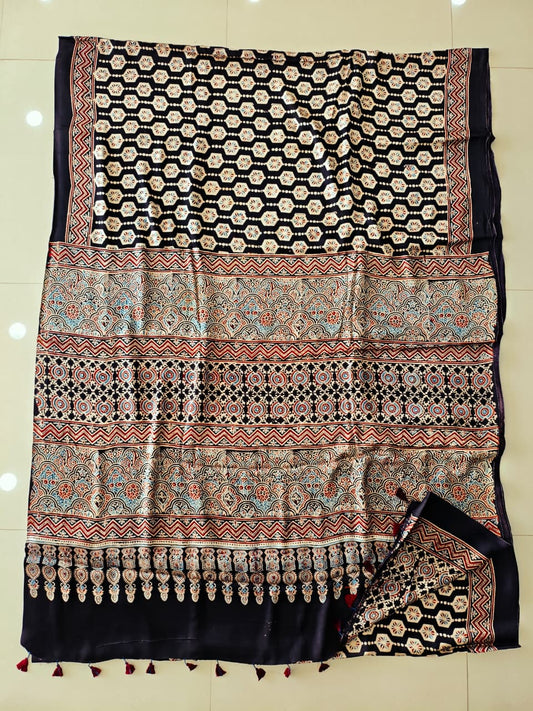 HAND BLOCK PRINTED AJRAKH MODAL SILK SAREE (CIG174)