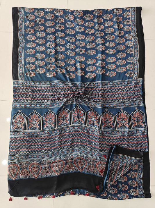HAND BLOCK PRINTED AJRAKH MODAL SILK SAREE (CIG182)