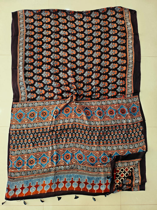 HAND BLOCK PRINTED AJRAKH MODAL SILK SAREE (CIG184)