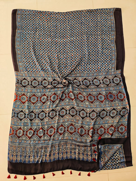 HAND BLOCK PRINTED AJRAKH MODAL SILK SAREE (CIG189)