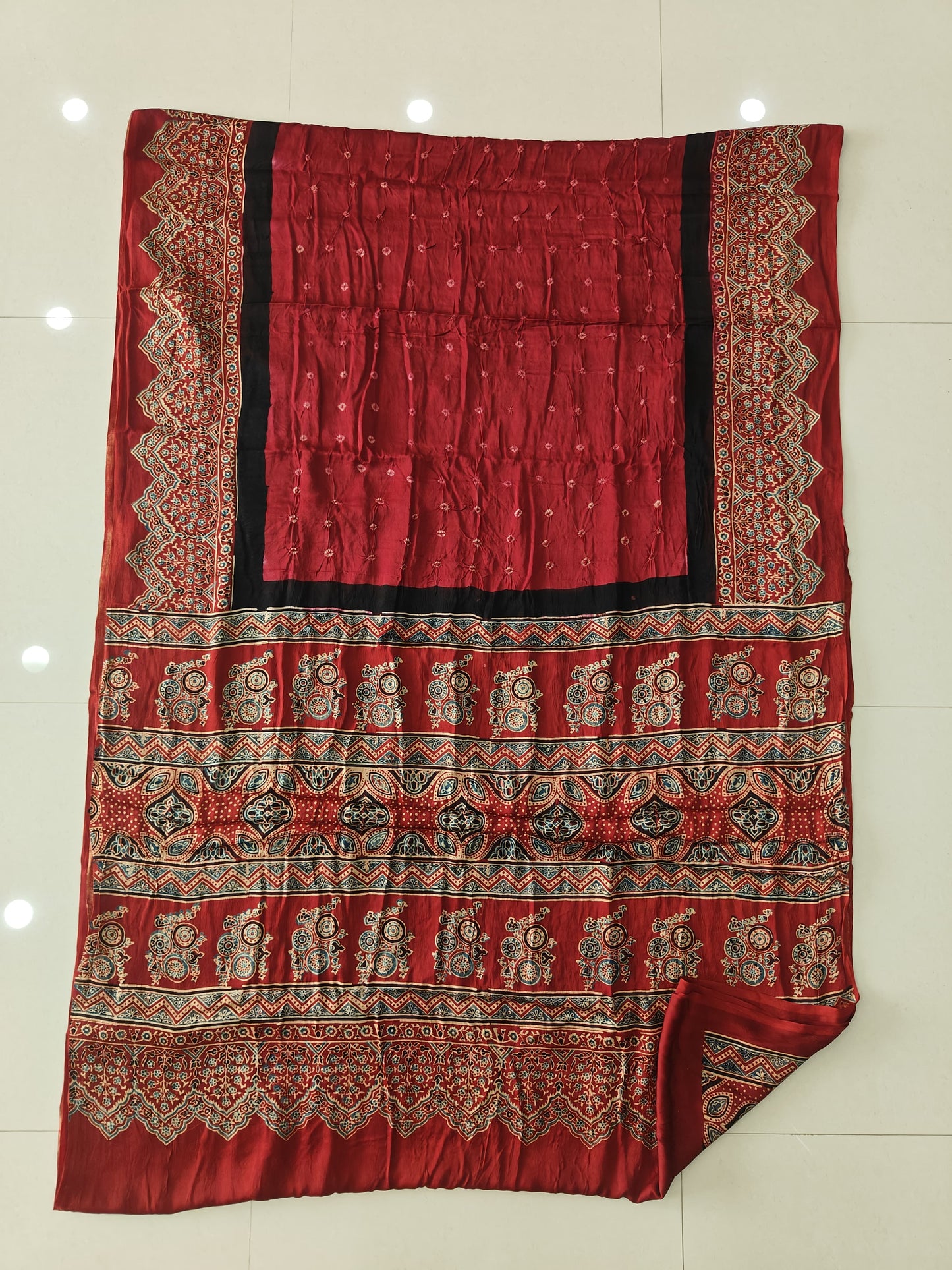 HAND BLOCK PRINTED  BANDHEJ AJRAKH MODAL SILK SAREE (CIX13)