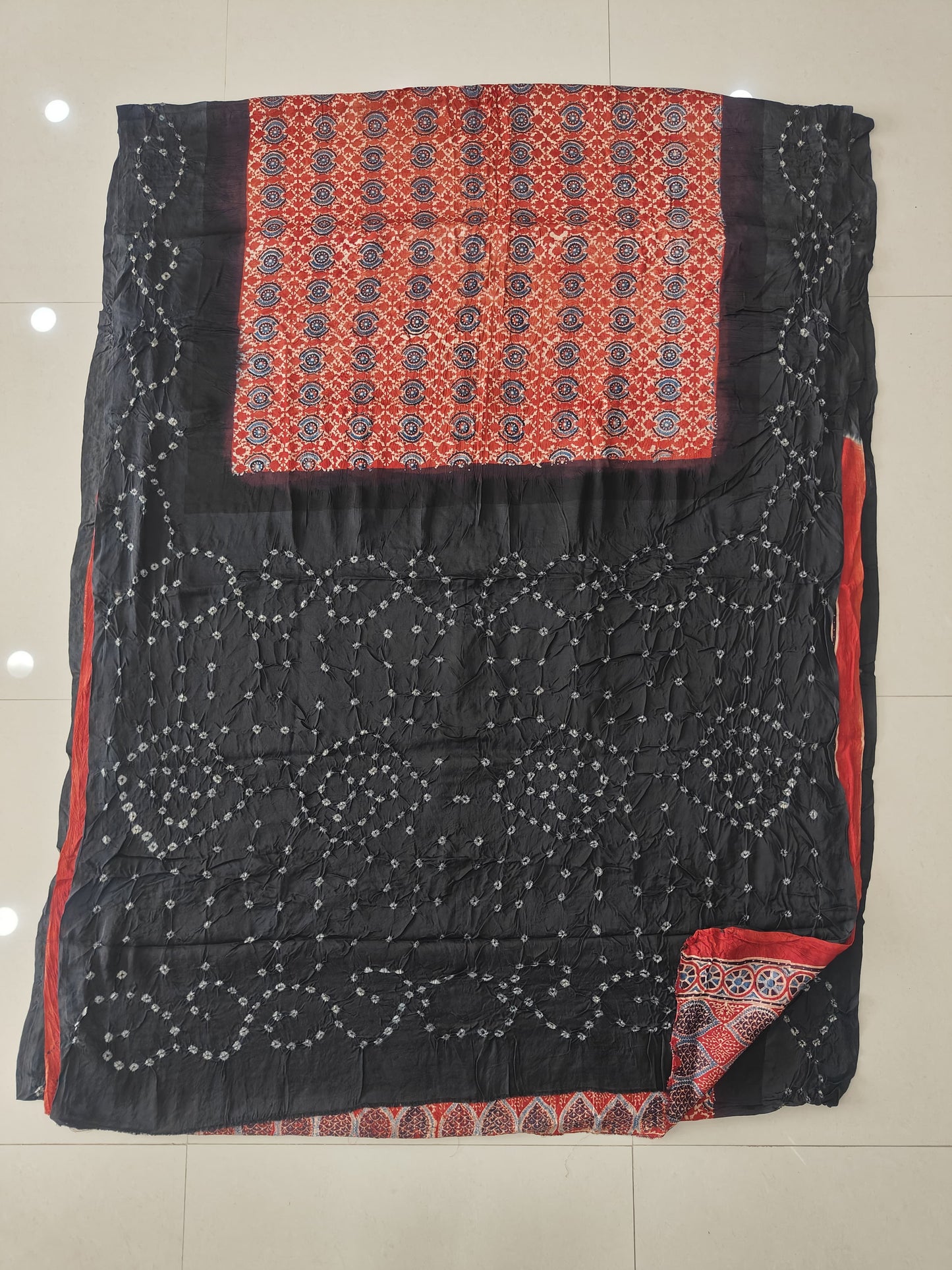 HAND BLOCK PRINTED  BANDHEJ AJRAKH MODAL SILK SAREE (CIX14)