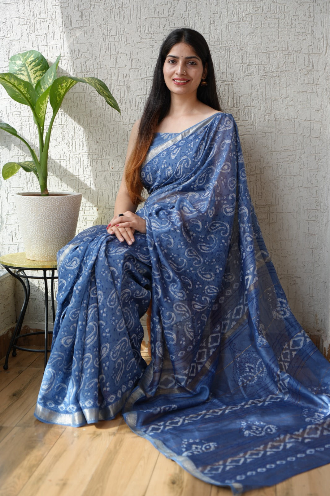 Jaipuri Hand Block Bagru Printed Maheshwari Silk Saree With Blouse (MSS192)