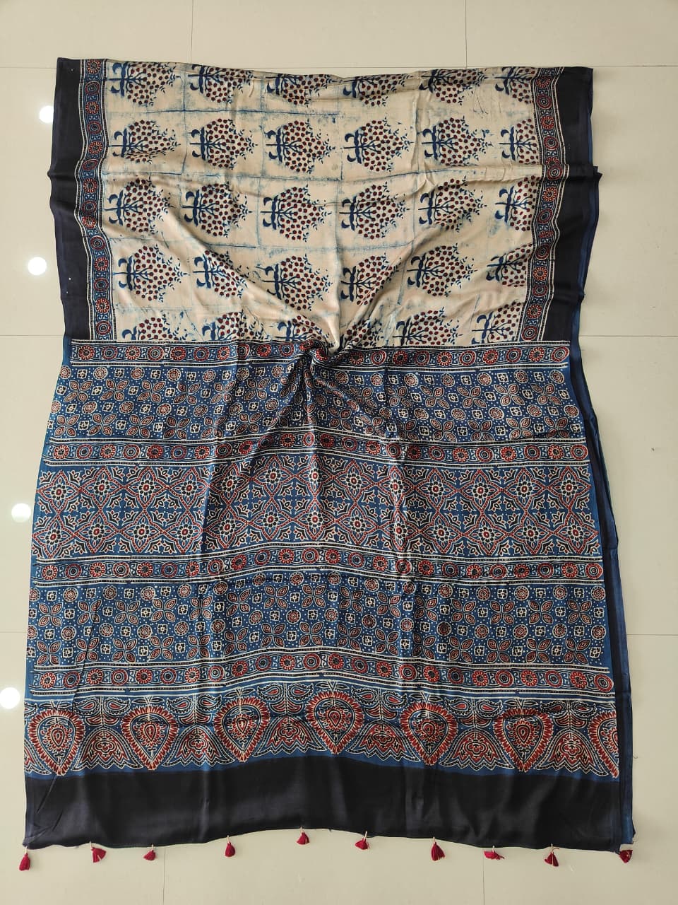 HAND BLOCK PRINTED AJARKH MODAL SILK SAREE (CIG125)