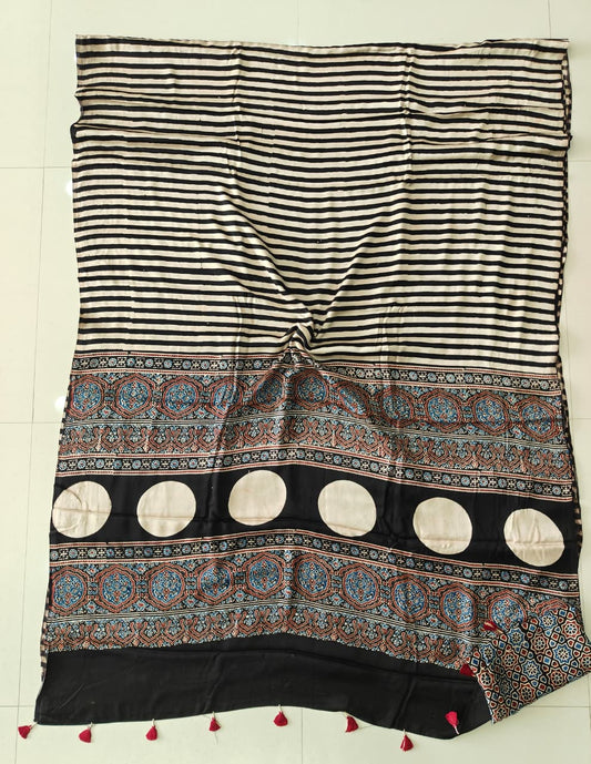 HAND BLOCK PRINTED AJARKH MODAL SILK SAREE (CIG123)