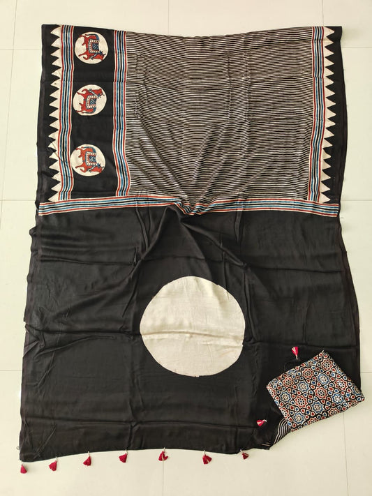 HAND BLOCK PRINTED AJARKH MODAL SILK SAREE (CIG126)