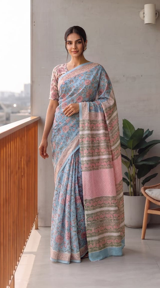 Premium Hand-Block Printed Jaipuri Georgette Sarees (LHI09)