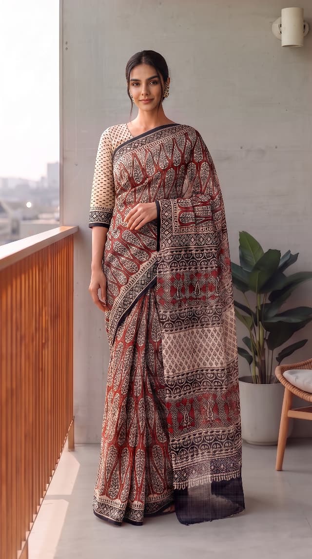 HAND BLOCK BAGRU PRINTED KOTA DORIYA SAREE WITH MULMUL BLOUSE (KDS113)