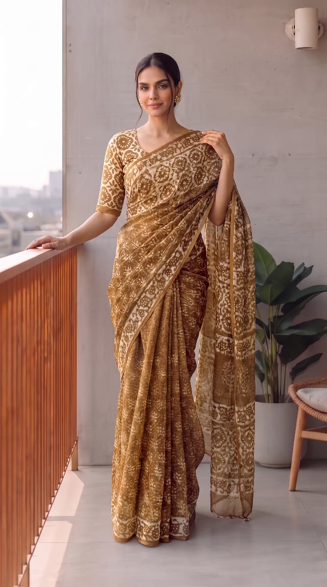 HAND BLOCK BAGRU PRINTED KOTA DORIYA SAREE WITH MULMUL BLOUSE (KDS114)