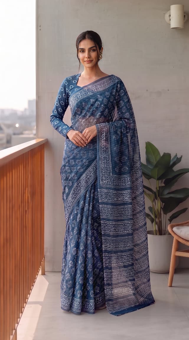 HAND BLOCK BAGRU PRINTED KOTA DORIYA SAREE WITH MULMUL BLOUSE (KDS115)