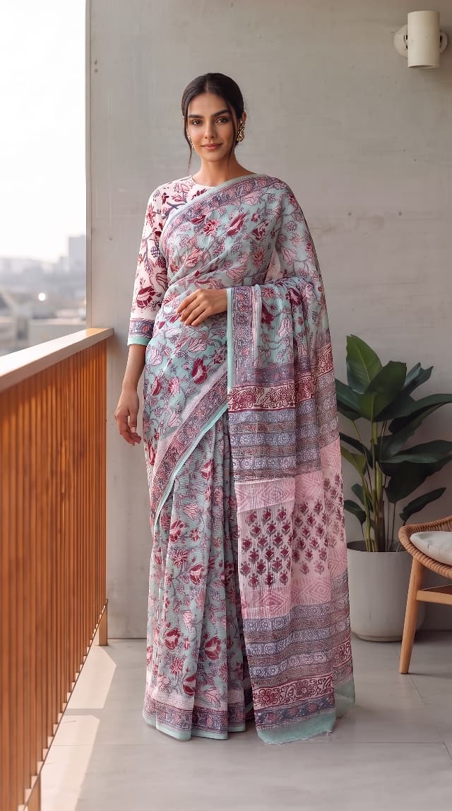 HAND BLOCK BAGRU PRINTED KOTA DORIYA SAREE WITH MULMUL BLOUSE (KDS117)