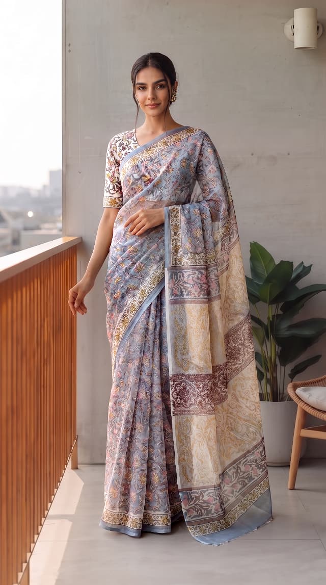 HAND BLOCK BAGRU PRINTED KOTA DORIYA SAREE WITH MULMUL BLOUSE (KDS121)