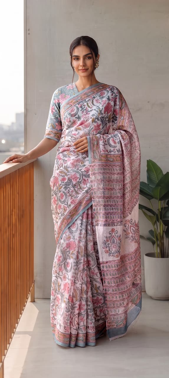 HAND BLOCK BAGRU PRINTED KOTA DORIYA SAREE WITH MULMUL BLOUSE (KDS122)