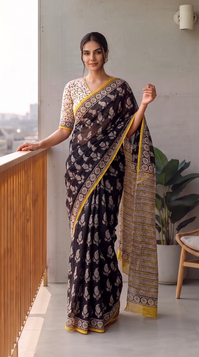 HAND BLOCK BAGRU PRINTED KOTA DORIYA SAREE WITH MULMUL BLOUSE (KDS123)