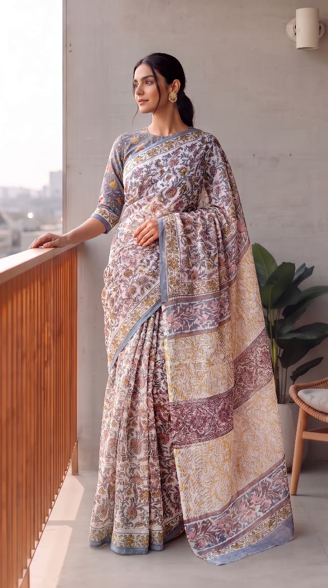 HAND BLOCK BAGRU PRINTED KOTA DORIYA SAREE WITH MULMUL BLOUSE (KDS124)