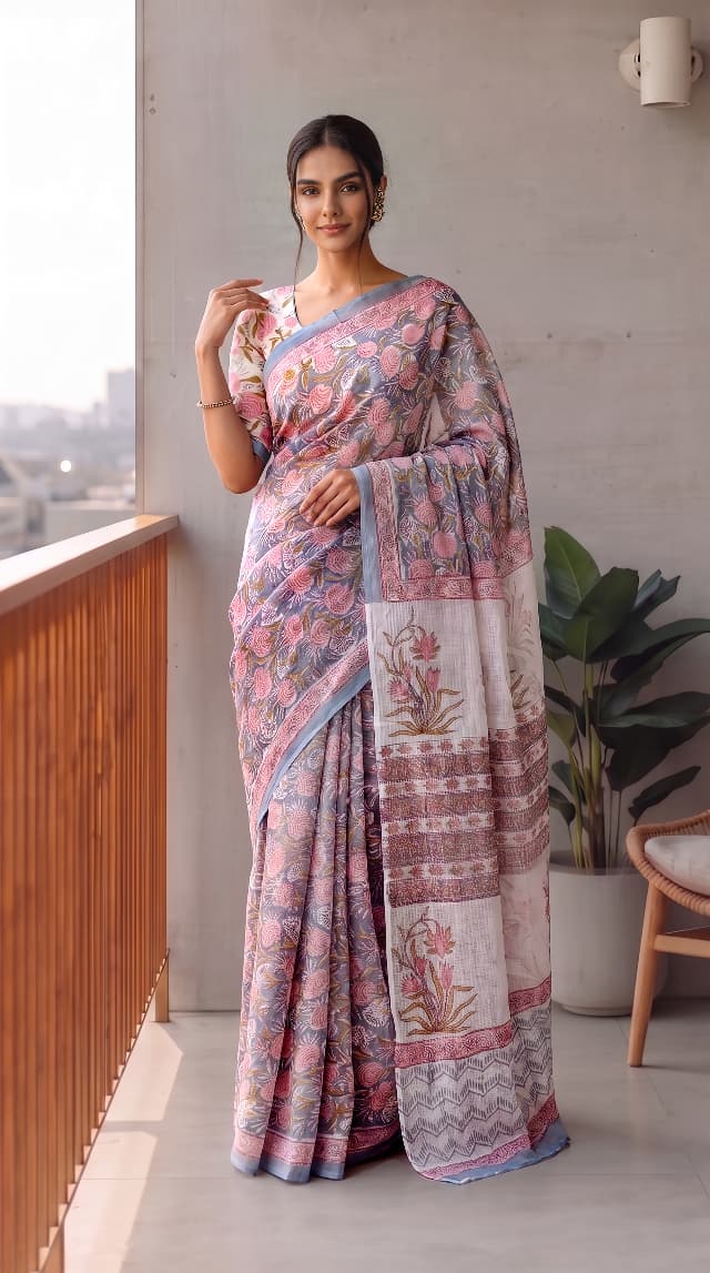 HAND BLOCK BAGRU PRINTED KOTA DORIYA SAREE WITH MULMUL BLOUSE (KDS130)