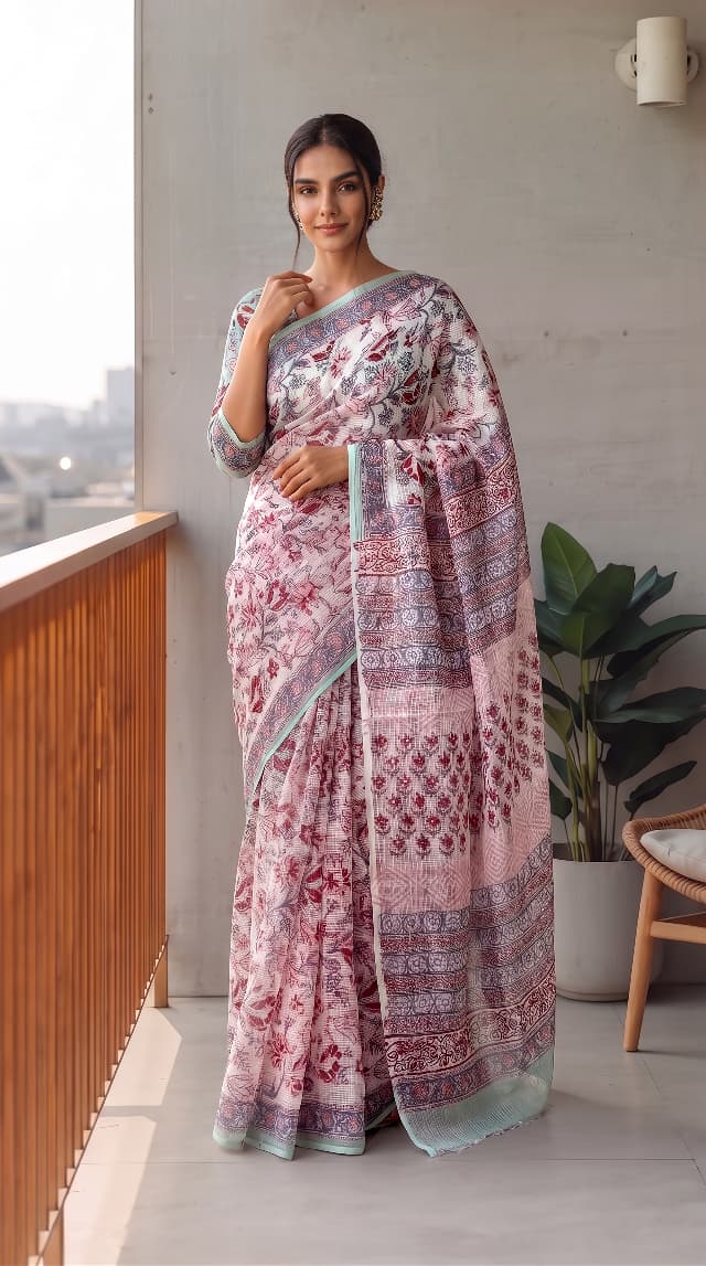 HAND BLOCK BAGRU PRINTED KOTA DORIYA SAREE WITH MULMUL BLOUSE (KDS131)