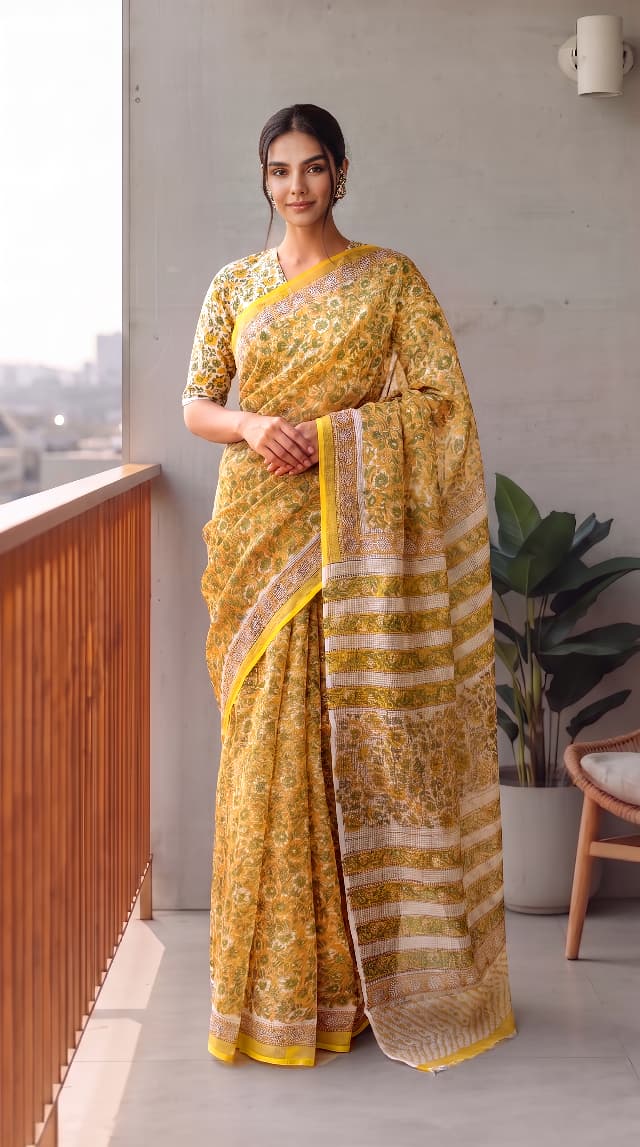 HAND BLOCK BAGRU PRINTED KOTA DORIYA SAREE WITH MULMUL BLOUSE (KDS132)