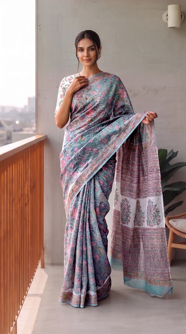 HAND BLOCK BAGRU PRINTED KOTA DORIYA SAREE WITH MULMUL BLOUSE (KDS134)