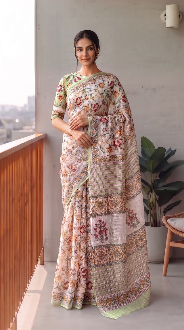 HAND BLOCK BAGRU PRINTED KOTA DORIYA SAREE WITH MULMUL BLOUSE (KDS135)