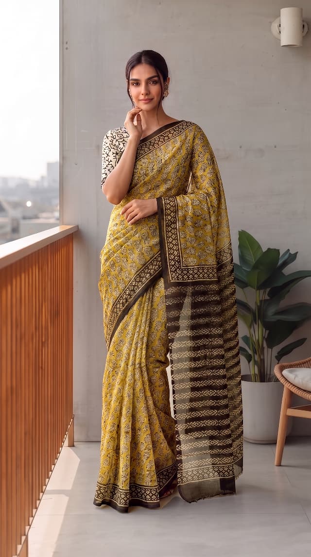 HAND BLOCK BAGRU PRINTED KOTA DORIYA SAREE WITH MULMUL BLOUSE (KDS136)