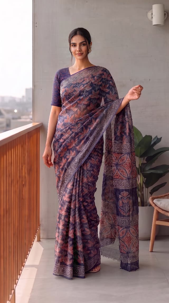 HAND BLOCK BAGRU PRINTED KOTA DORIYA SAREE WITH MULMUL BLOUSE (KDS137)