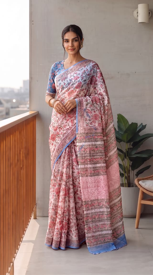HAND BLOCK BAGRU PRINTED KOTA DORIYA SAREE WITH MULMUL BLOUSE (KDS141)