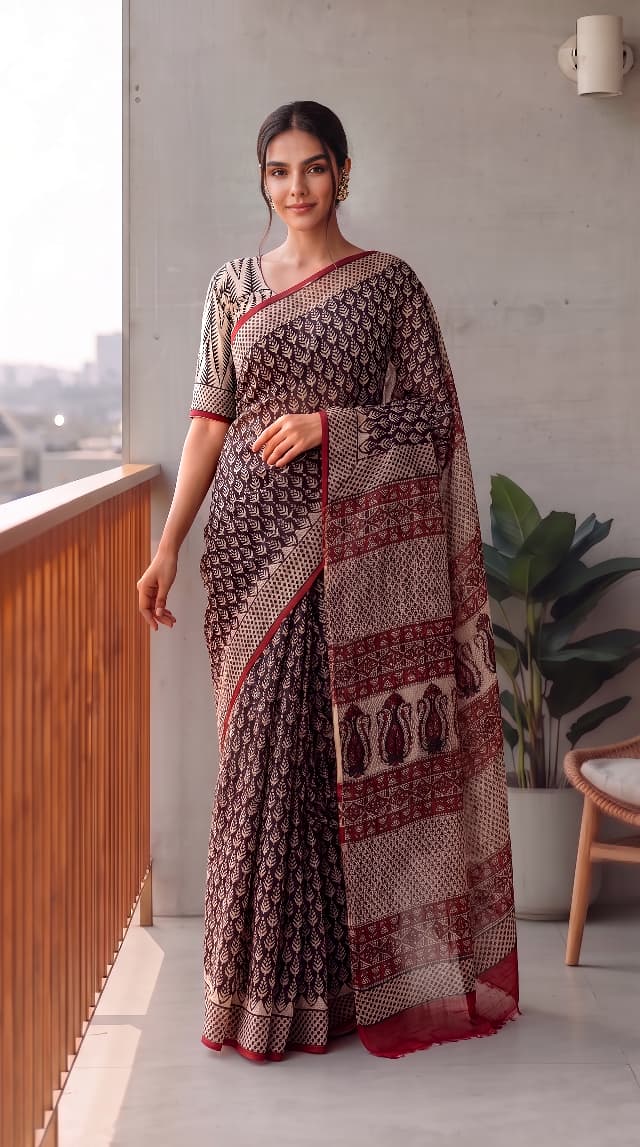 HAND BLOCK BAGRU PRINTED KOTA DORIYA SAREE WITH MULMUL BLOUSE (KDS142)