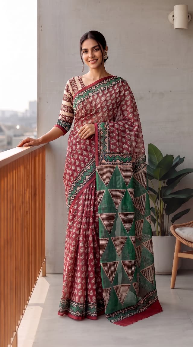 HAND BLOCK BAGRU PRINTED KOTA DORIYA SAREE WITH MULMUL BLOUSE (KDS143)