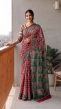 HAND BLOCK BAGRU PRINTED KOTA DORIYA SAREE WITH MULMUL BLOUSE (KDS143)
