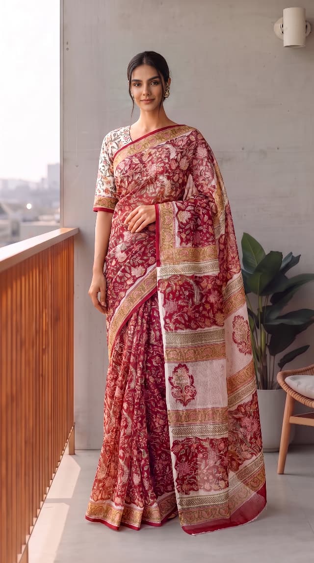 HAND BLOCK BAGRU PRINTED KOTA DORIYA SAREE WITH MULMUL BLOUSE (KDS144)