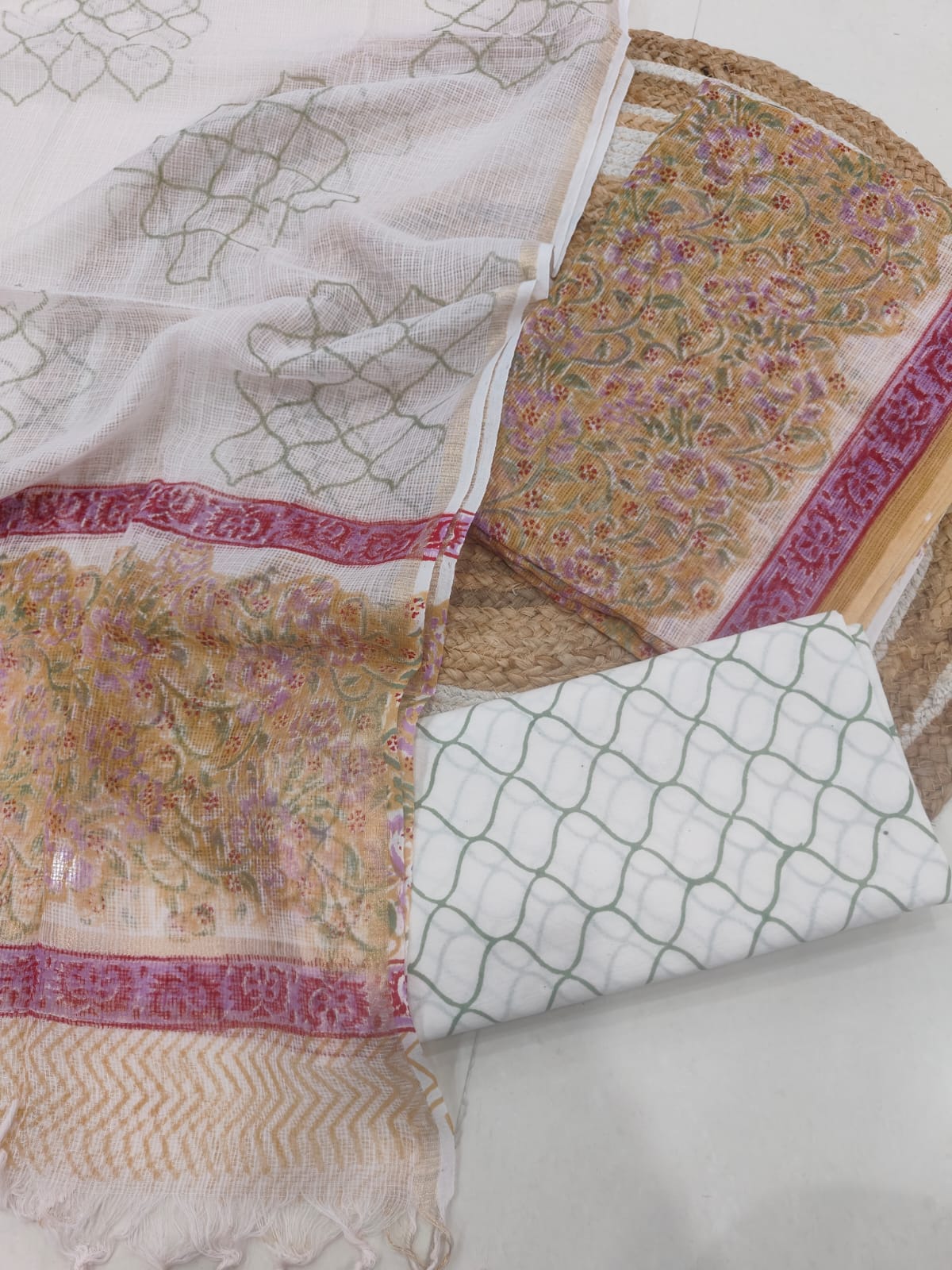 HAND BLOCK PRINTED KOTA DORIYA SUIT WITH KOTA DORIYA DUPPATA (FKS181)