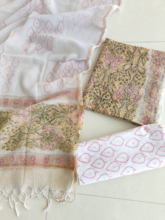 HAND BLOCK PRINTED KOTA DORIYA SUIT WITH KOTA DORIYA DUPPATA (FKS183)