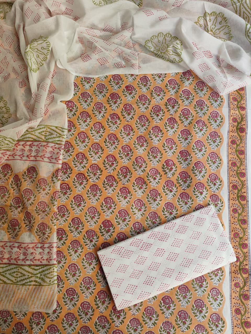 HAND BLOCK PRINTED COTTON 3-PIS SUIT WITH MULMUL DUPPATA (CMS172)