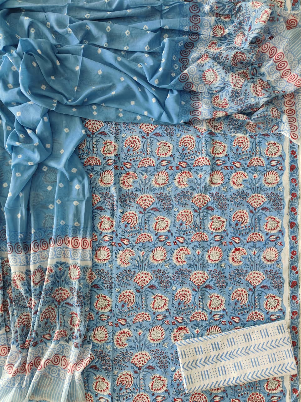 HAND BLOCK PRINTED COTTON 3-PIS SUIT WITH MULMUL DUPPATA (CMS173)
