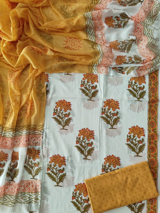 HAND BLOCK PRINTED COTTON 3-PIS SUIT WITH MULMUL DUPPATA (CMS175)