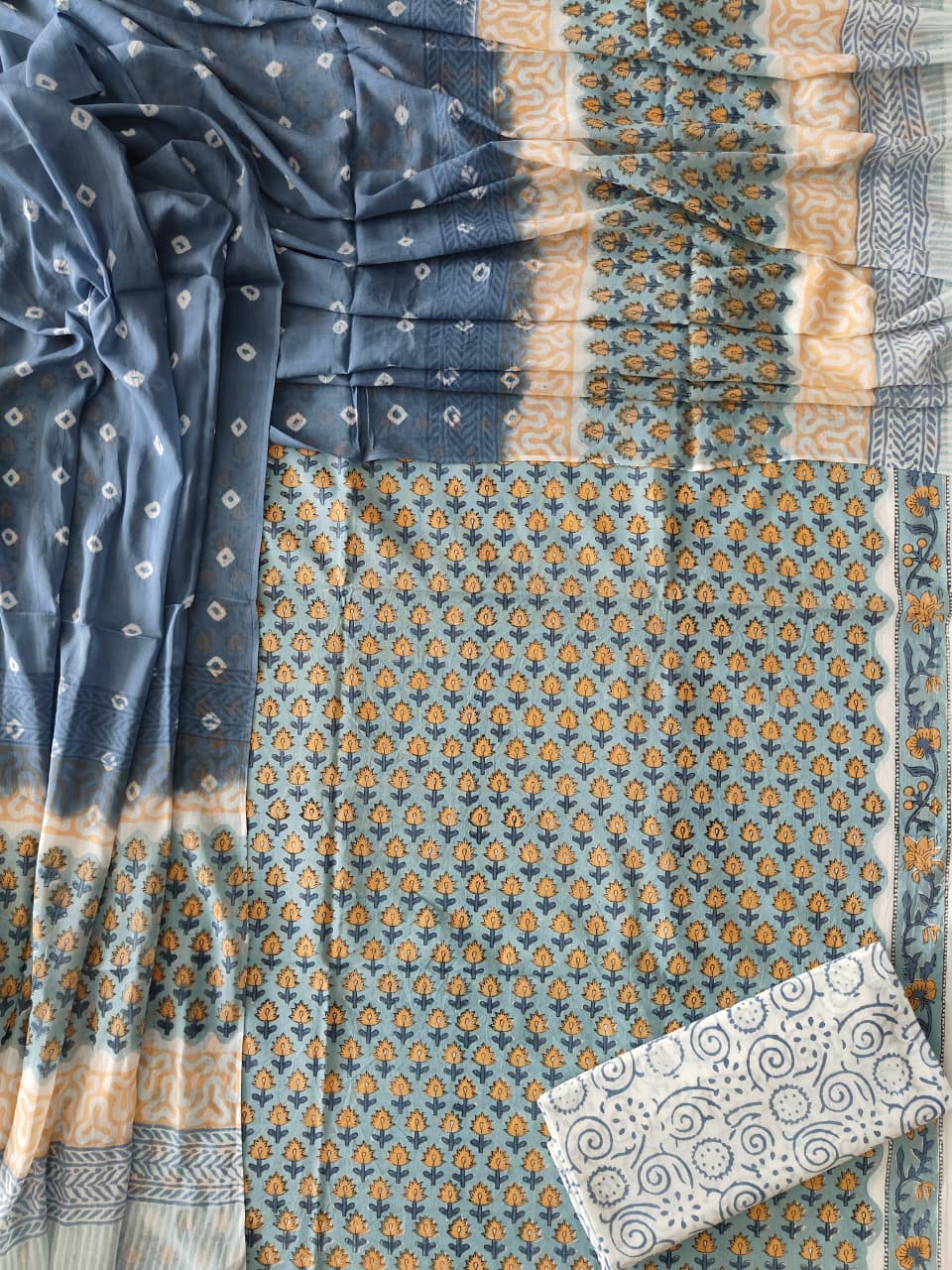 HAND BLOCK PRINTED COTTON 3-PIS SUIT WITH MULMUL DUPPATA (CMS181)