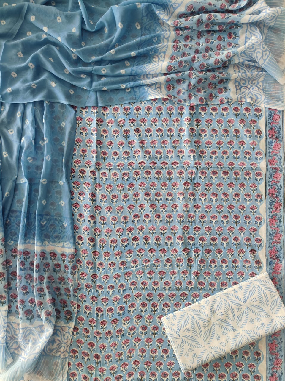 HAND BLOCK PRINTED COTTON 3-PIS SUIT WITH MULMUL DUPPATA (CMS189)