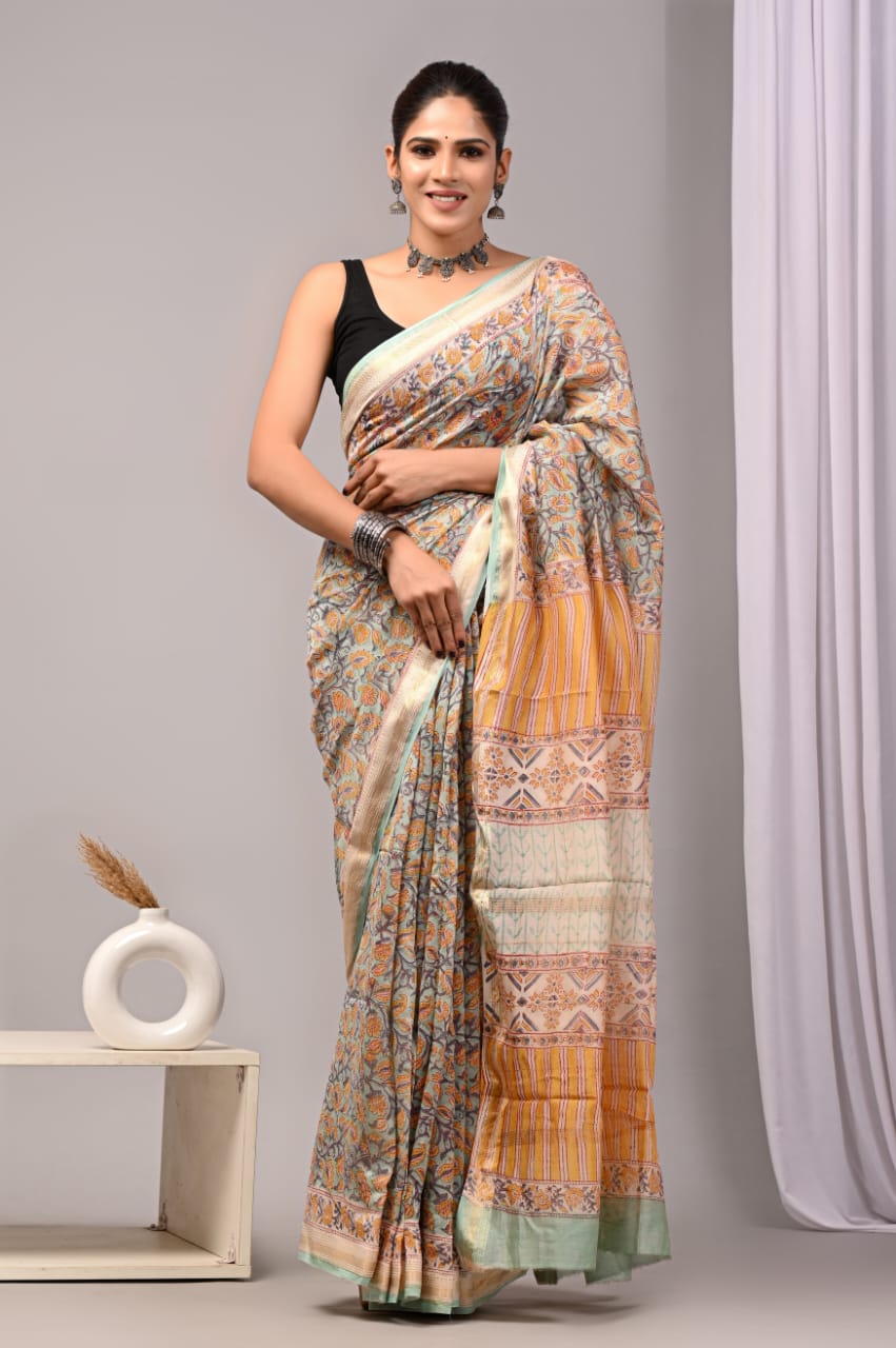 Jaipuri Hand Block Bagru Printed Maheshwari Silk Saree With Blouse (MSS196)