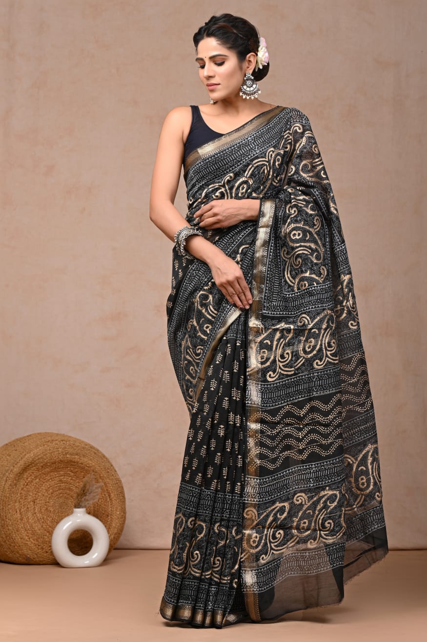 Jaipuri Hand Block Bagru Printed Maheshwari Silk Saree With Blouse (MSS198)
