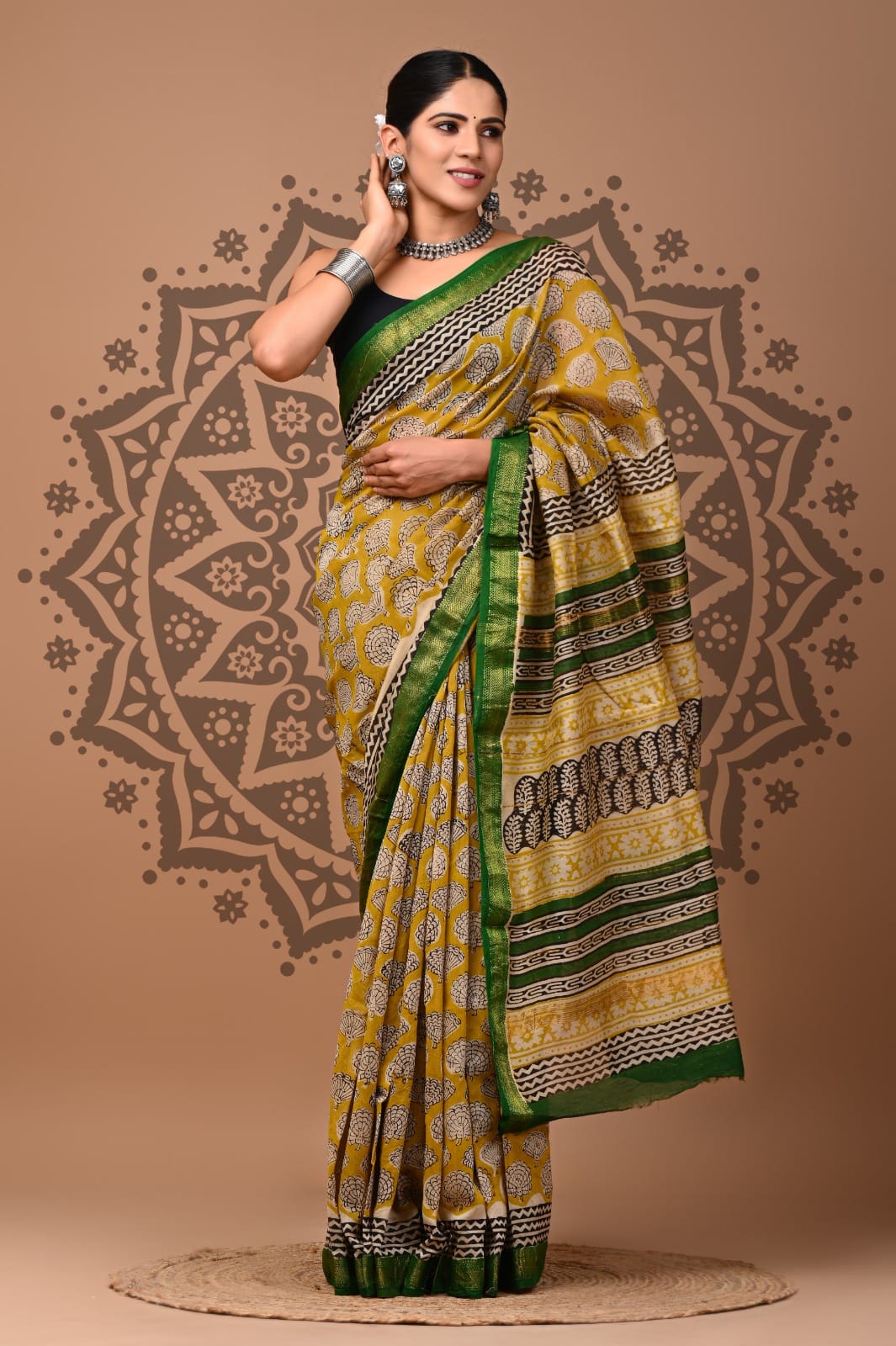 Jaipuri Hand Block Bagru Printed Maheshwari Silk Saree With Blouse (MSS199)