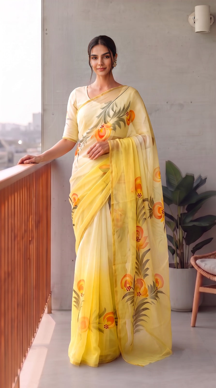 Hand Brush Painted Chiffon Saree with Blouse ( CIA100)